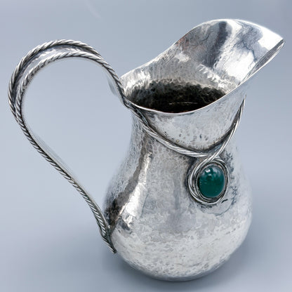 Antique 833  Silver Arts & Crafts Era Small Pitcher and Tray with Green Agate