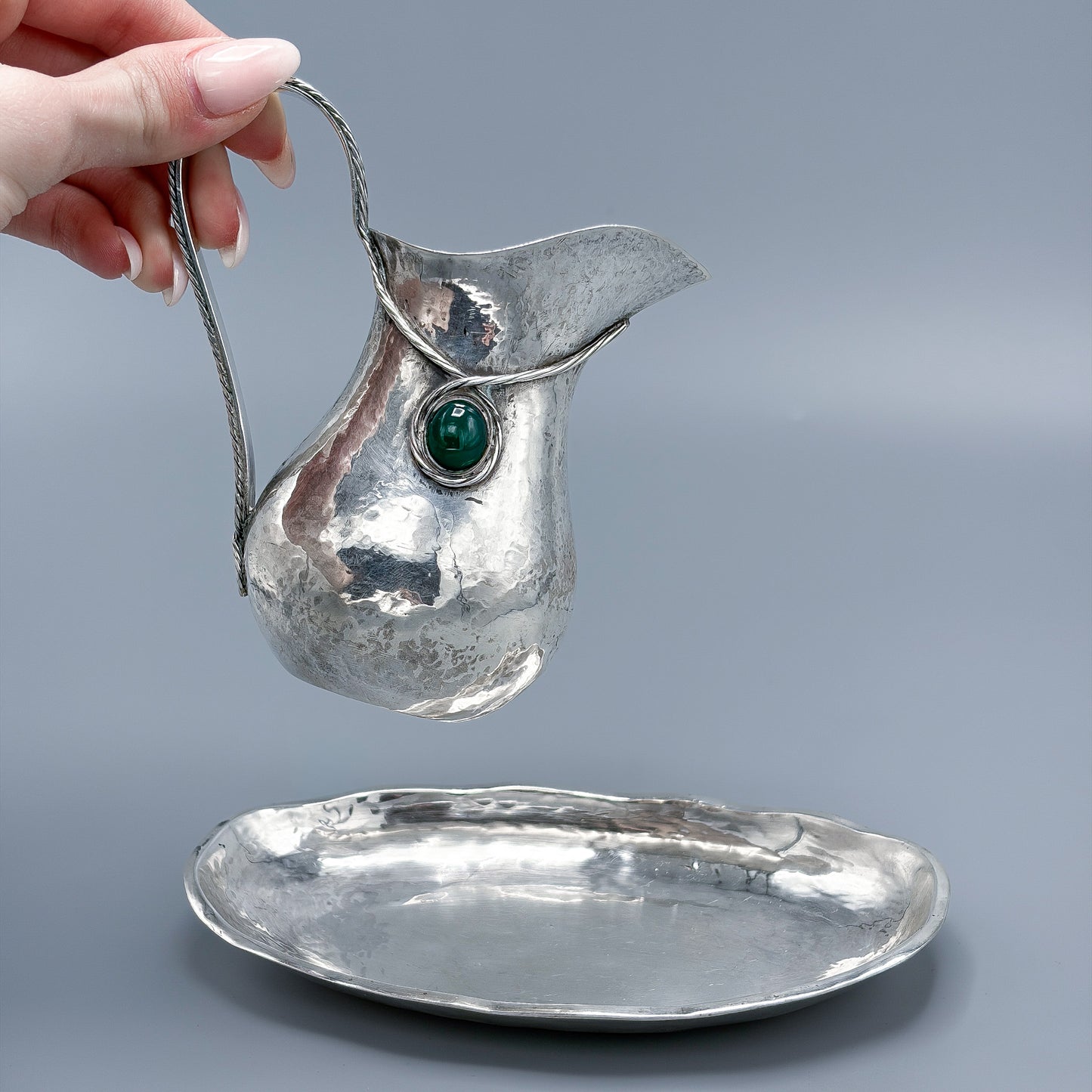 Antique 833  Silver Arts & Crafts Era Small Pitcher and Tray with Green Agate