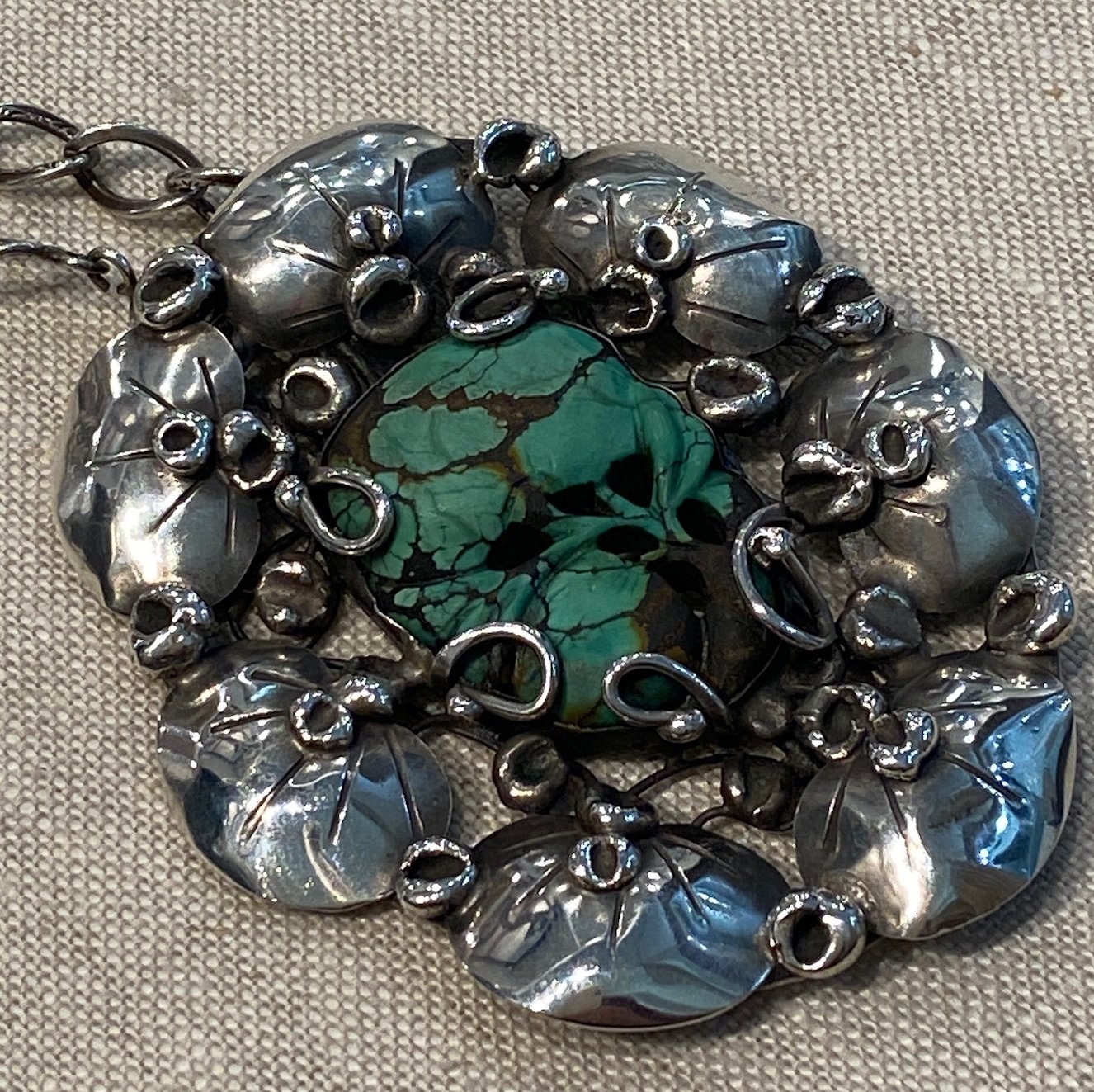 Large Oval Sterling and Natural Turquoise Brooch Pendant by Mary Gage