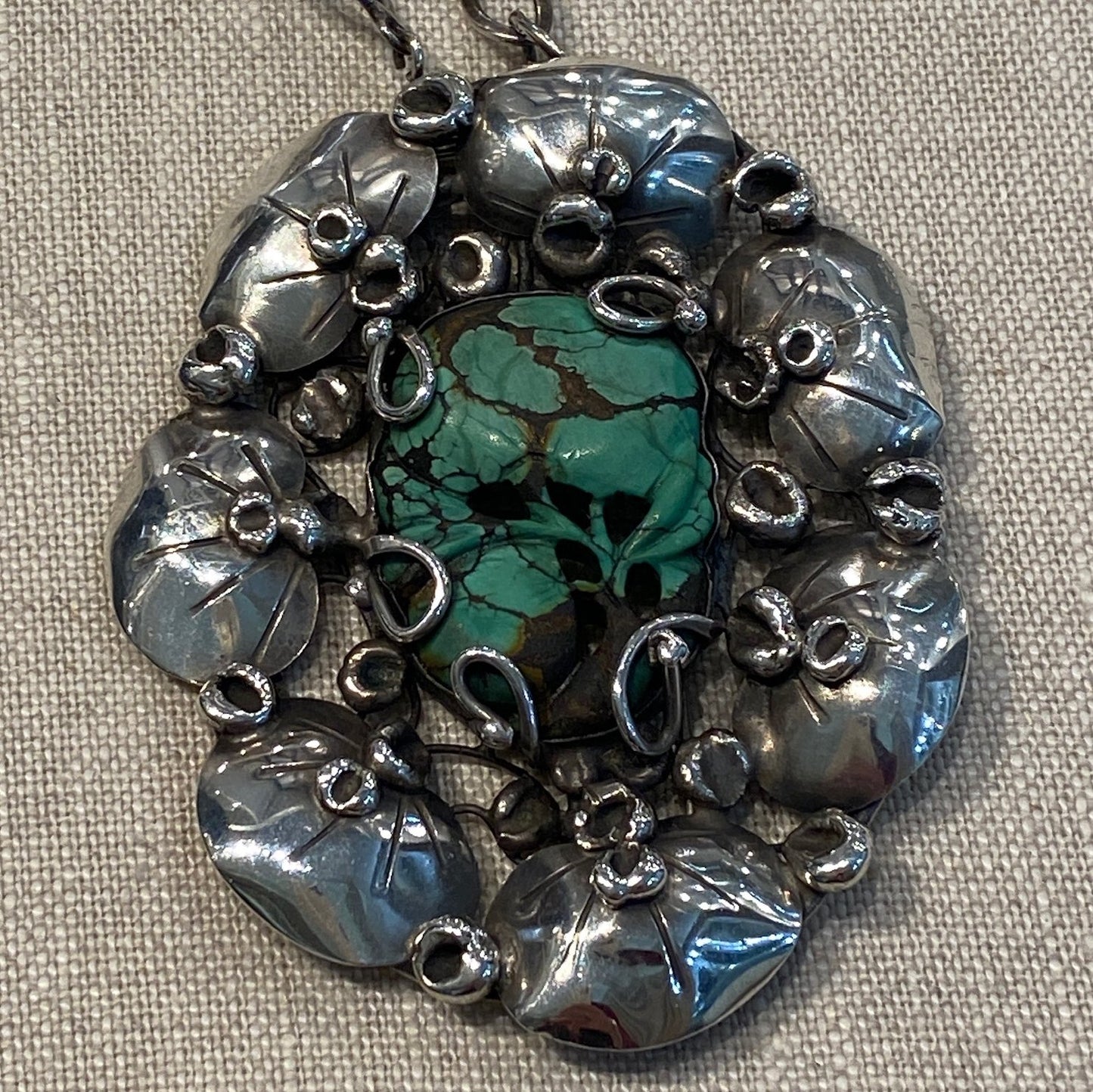 Large Oval Sterling and Natural Turquoise Brooch Pendant by Mary Gage