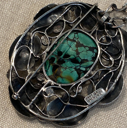 Large Oval Sterling and Natural Turquoise Brooch Pendant by Mary Gage