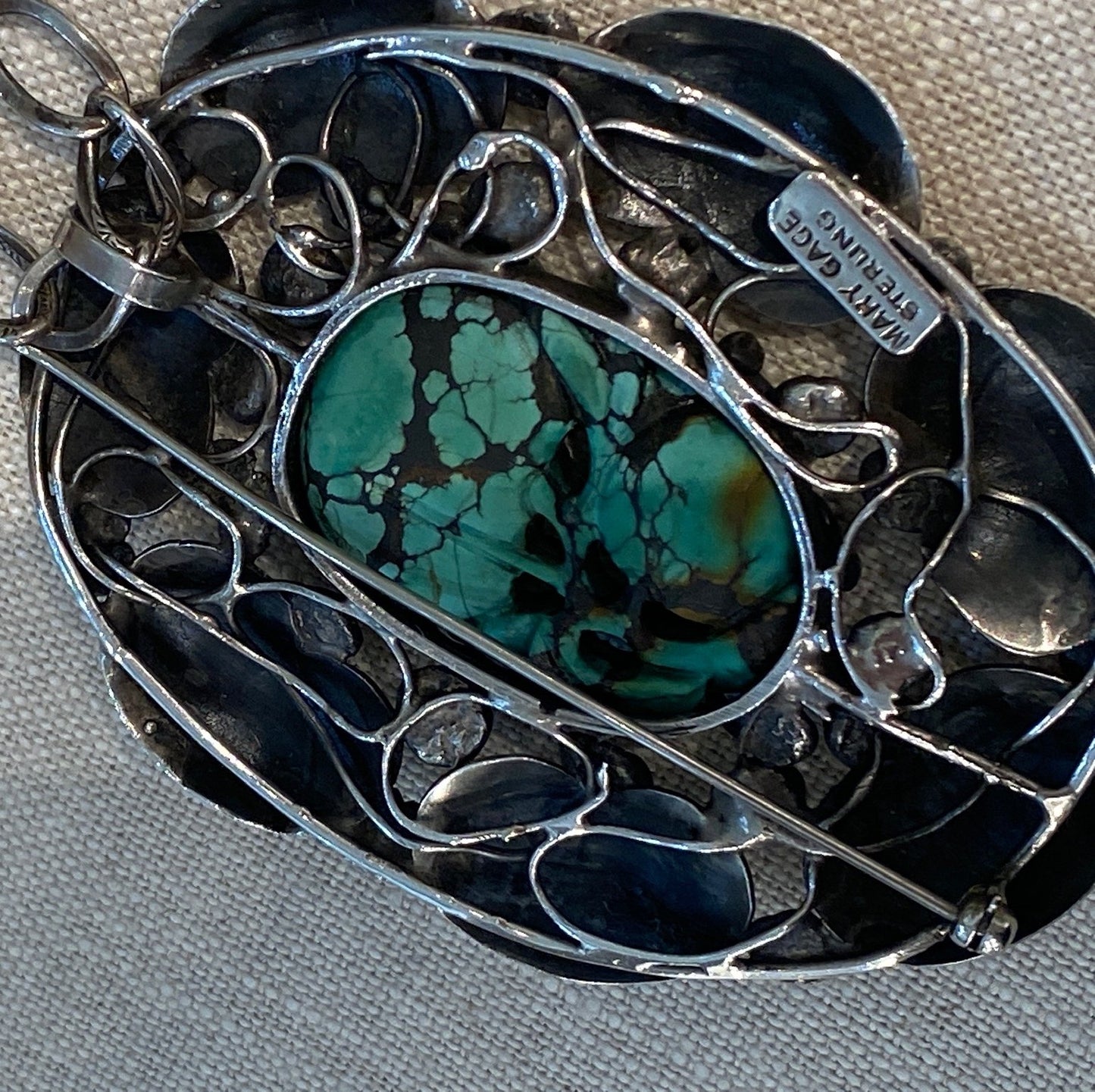 Large Oval Sterling and Natural Turquoise Brooch Pendant by Mary Gage