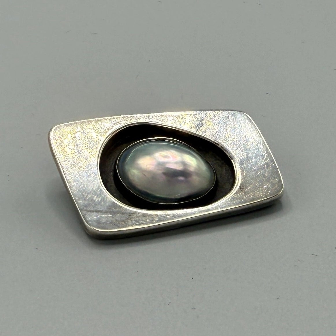 Estate Sterling Silver Modernist Brooch with Natural Blister Pearl