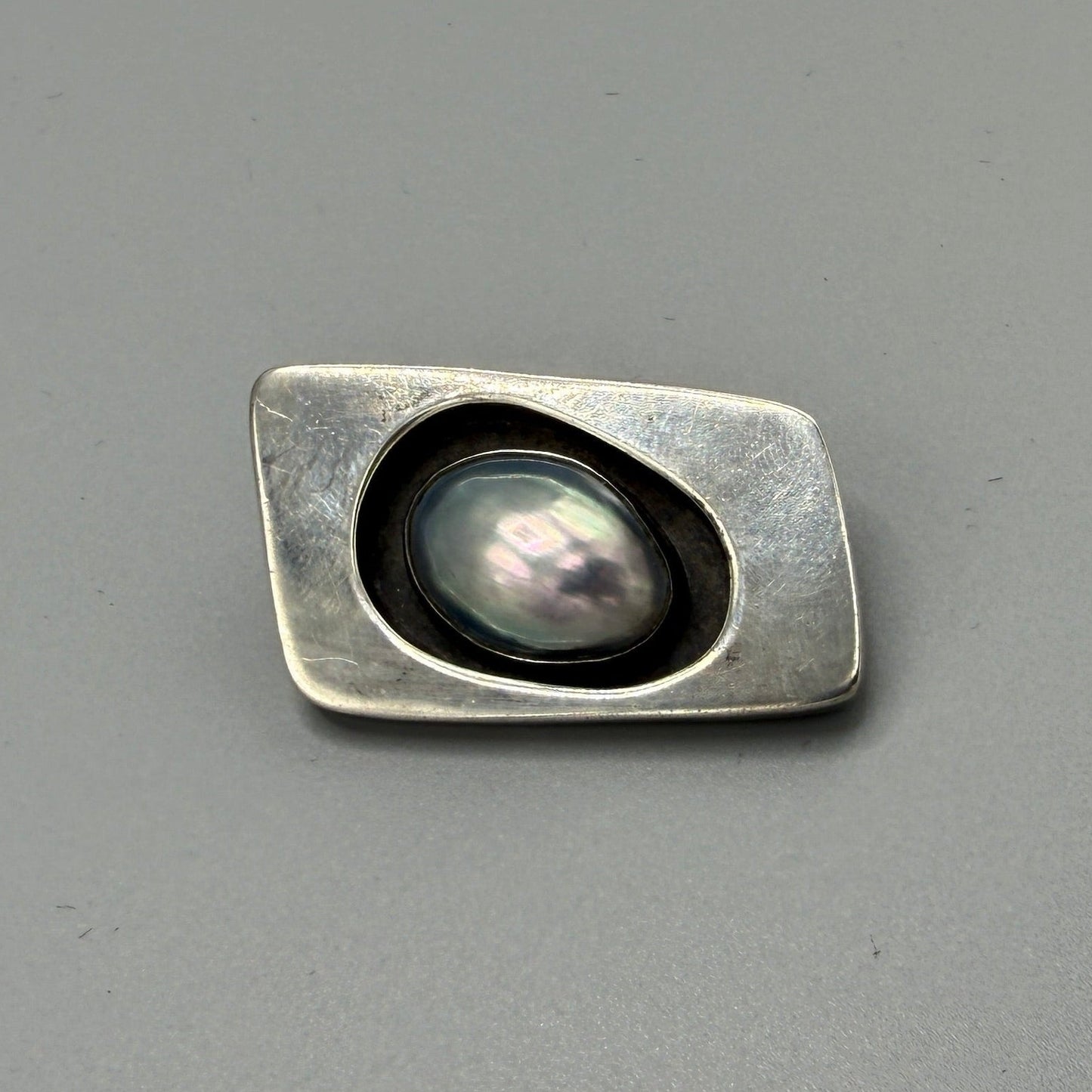 Estate Sterling Silver Modernist Brooch with Natural Blister Pearl