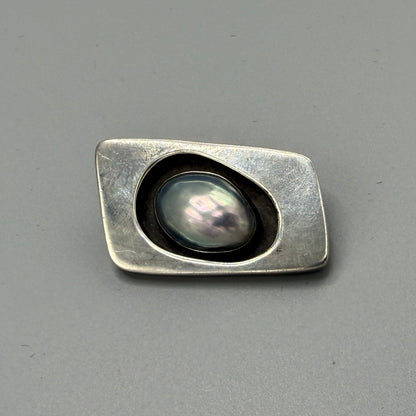 Estate Sterling Silver Modernist Brooch with Natural Blister Pearl
