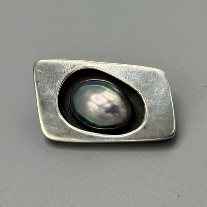Estate Sterling Silver Modernist Brooch with Natural Blister Pearl