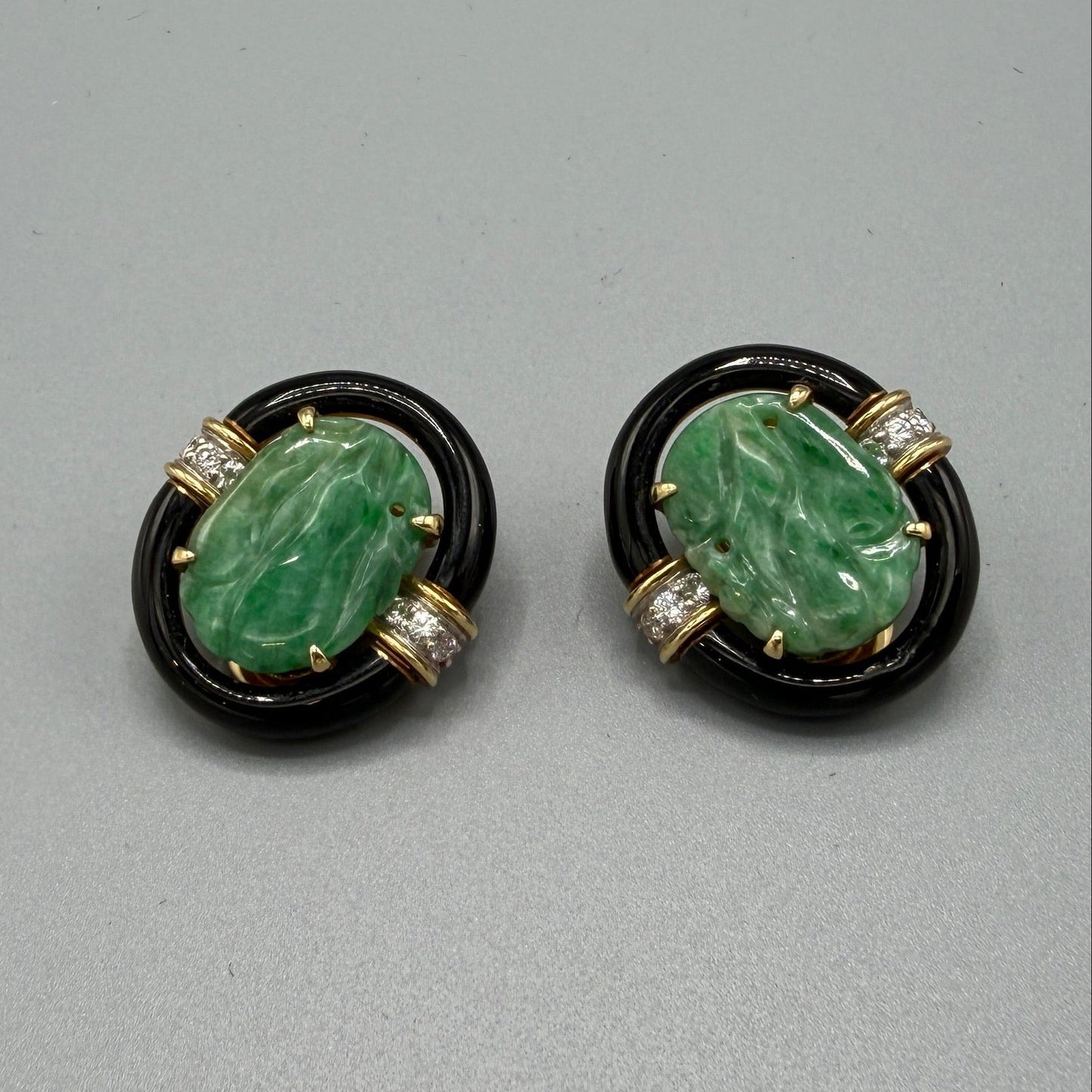 Estate David Webb 18k Gold and Jade and Black Enamel Clip-on Earrings