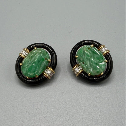 Estate David Webb 18k Gold and Jade and Black Enamel Clip-on Earrings