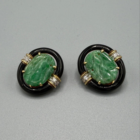 Estate David Webb 18k Gold and Jade and Black Enamel Clip-on Earrings
