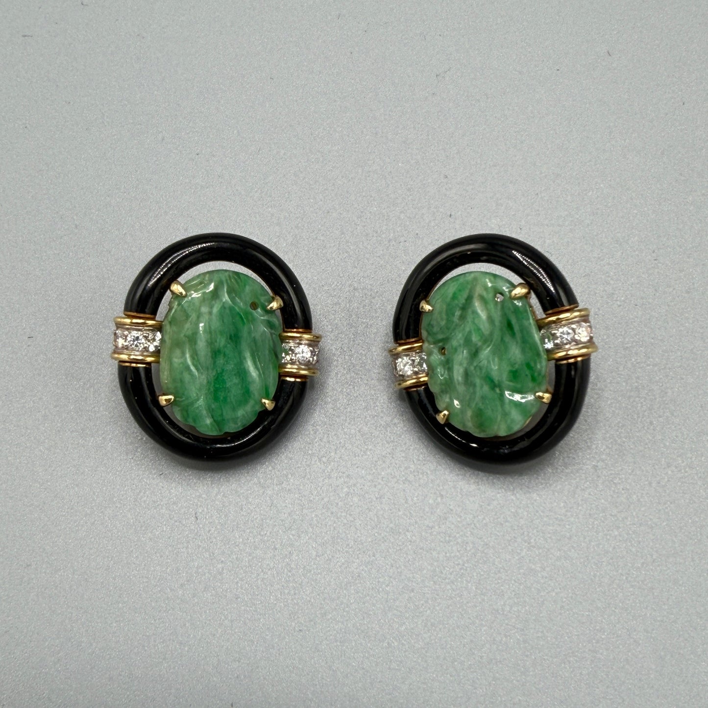 Estate David Webb 18k Gold and Jade and Black Enamel Clip-on Earrings