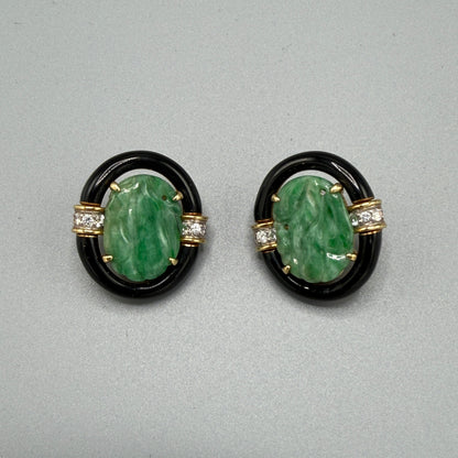 Estate David Webb 18k Gold and Jade and Black Enamel Clip-on Earrings