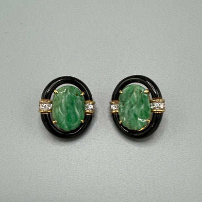 Estate David Webb 18k Gold and Jade and Black Enamel Clip-on Earrings