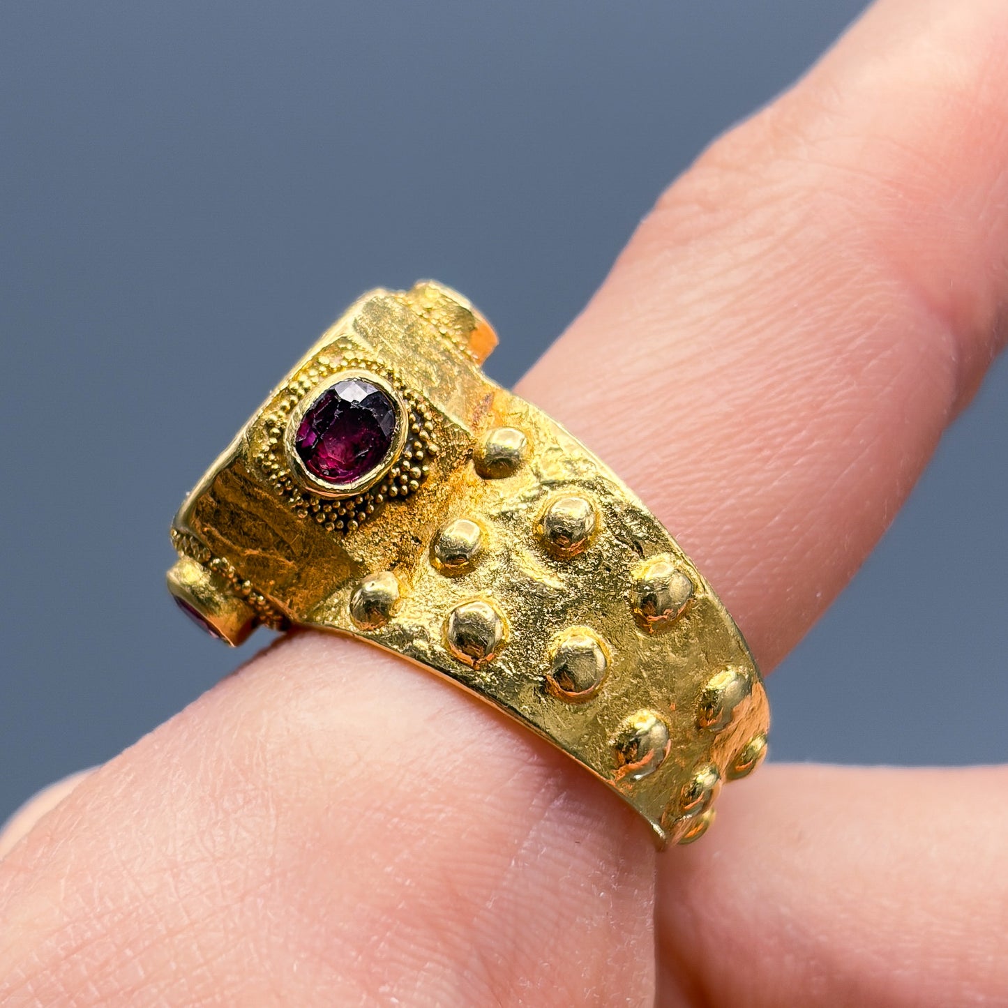 Estate Ed Wiener 18K Gold Ring with Octagonal Emerald and Rubies