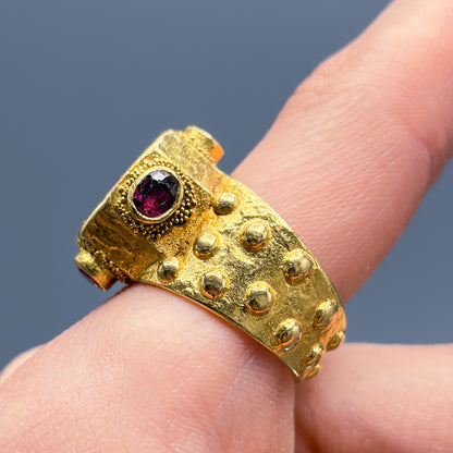 Estate Ed Wiener 18K Gold Ring with Octagonal Emerald and Rubies