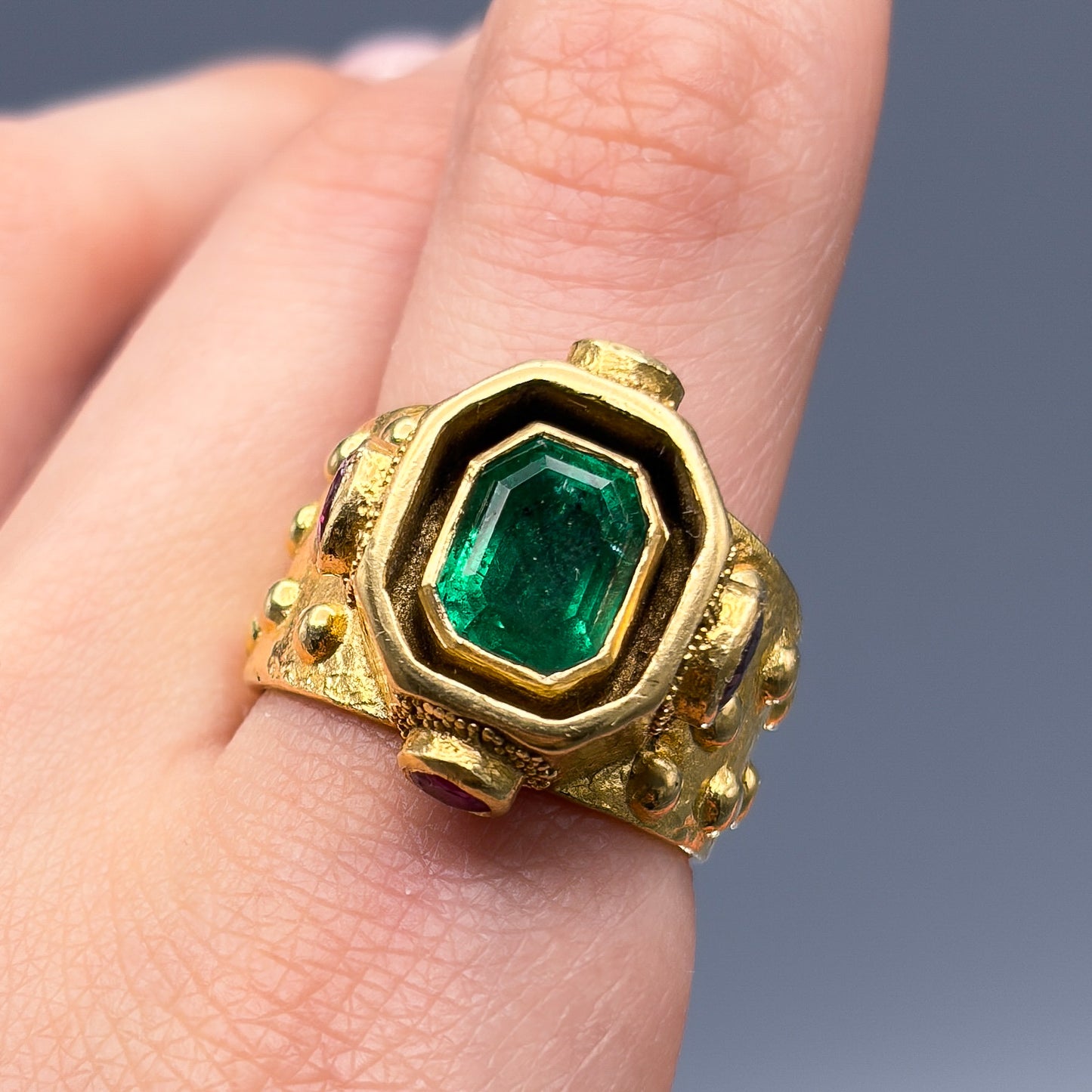 Estate Ed Wiener 18K Gold Ring with Octagonal Emerald and Rubies