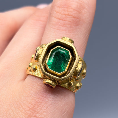 Estate Ed Wiener 18K Gold Ring with Octagonal Emerald and Rubies