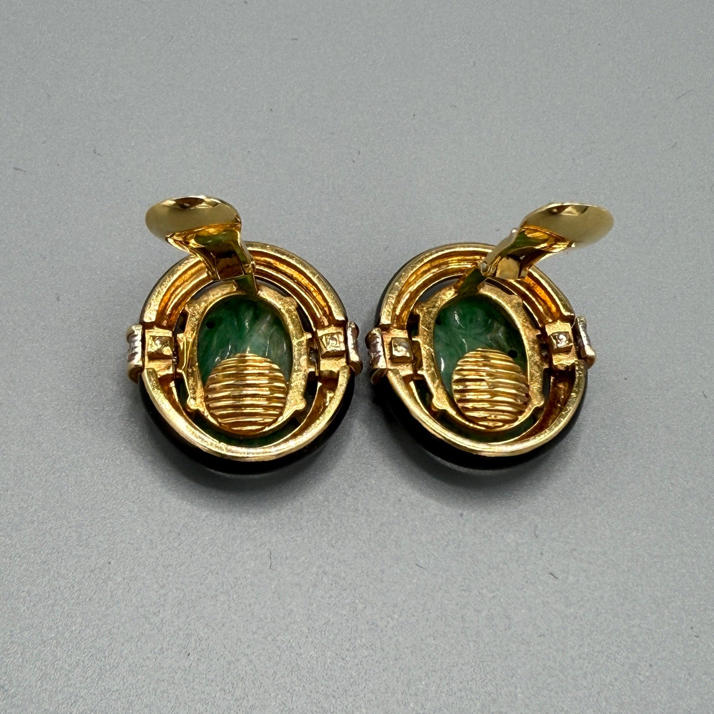 Estate David Webb 18k Gold and Jade and Black Enamel Clip-on Earrings