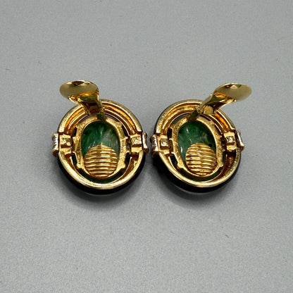 Estate David Webb 18k Gold and Jade and Black Enamel Clip-on Earrings