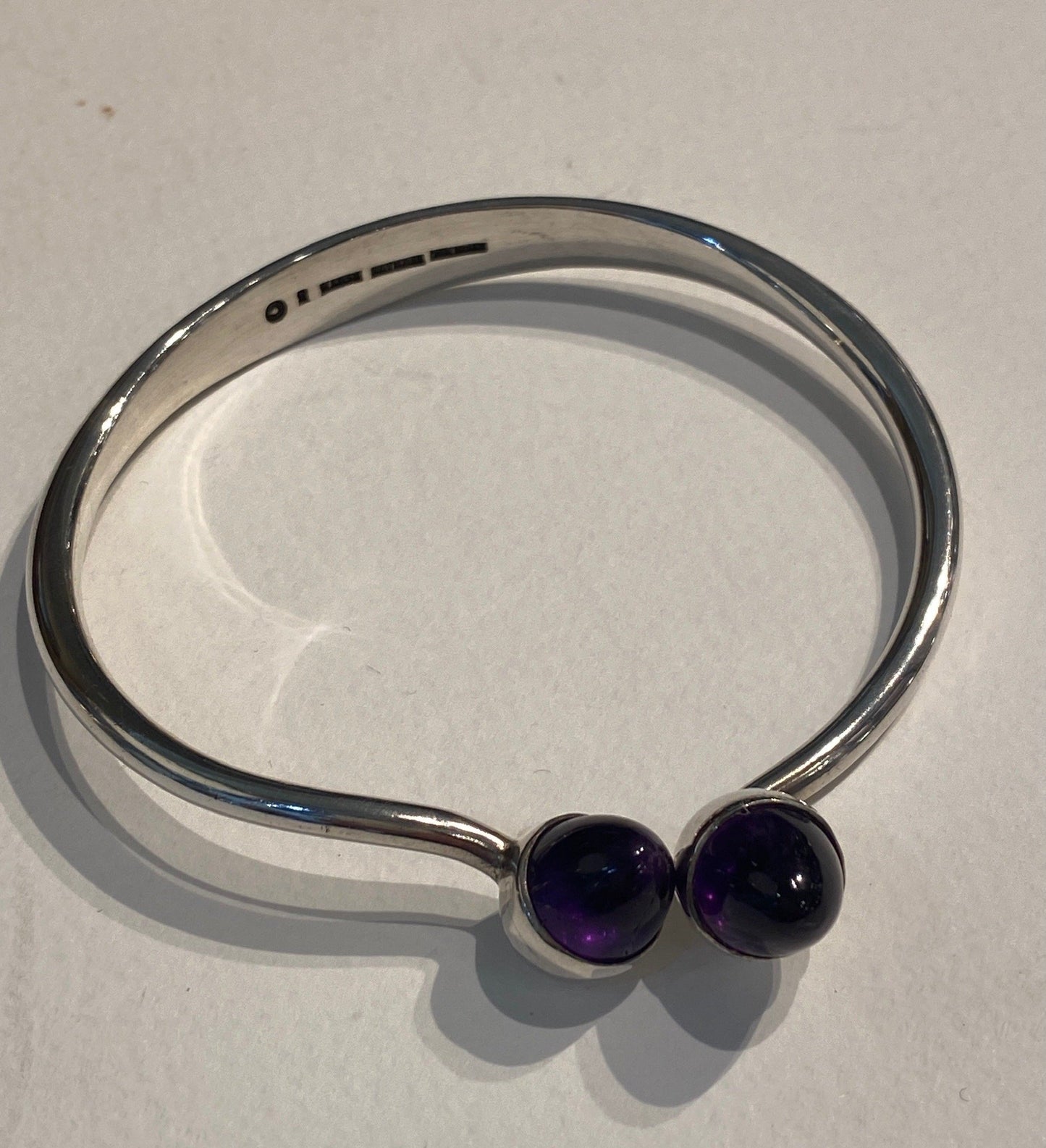 Estate Bent Knudsen Sterling Silver Bangle with Amethyst Bullet Cabuchon