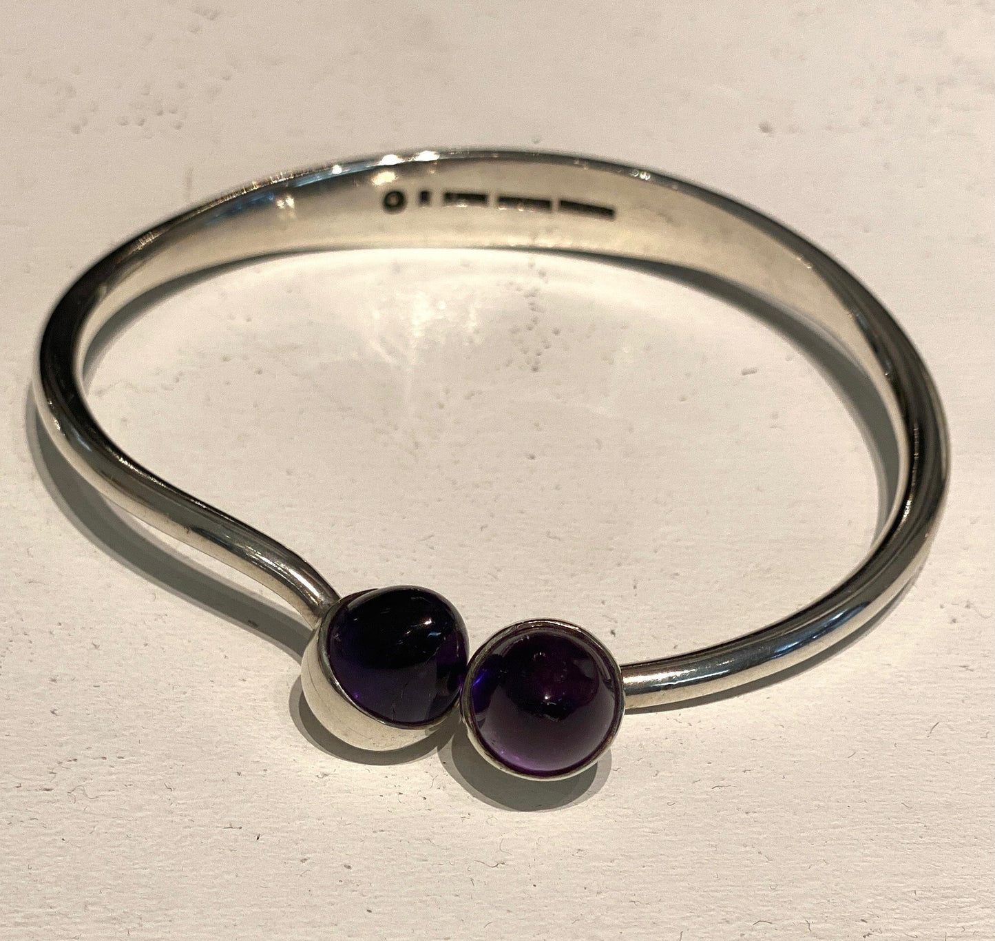 Estate Bent Knudsen Sterling Silver Bangle with Amethyst Bullet Cabuchon