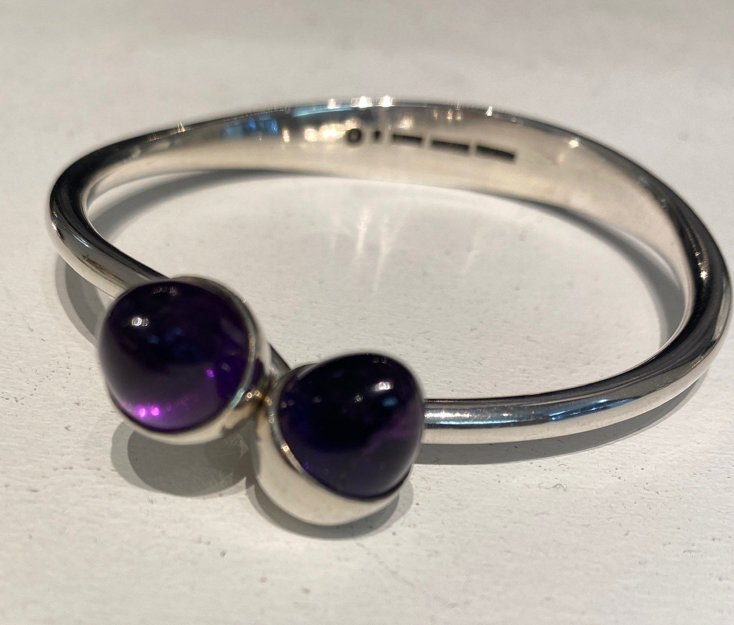 Estate Bent Knudsen Sterling Silver Bangle with Amethyst Bullet Cabuchon