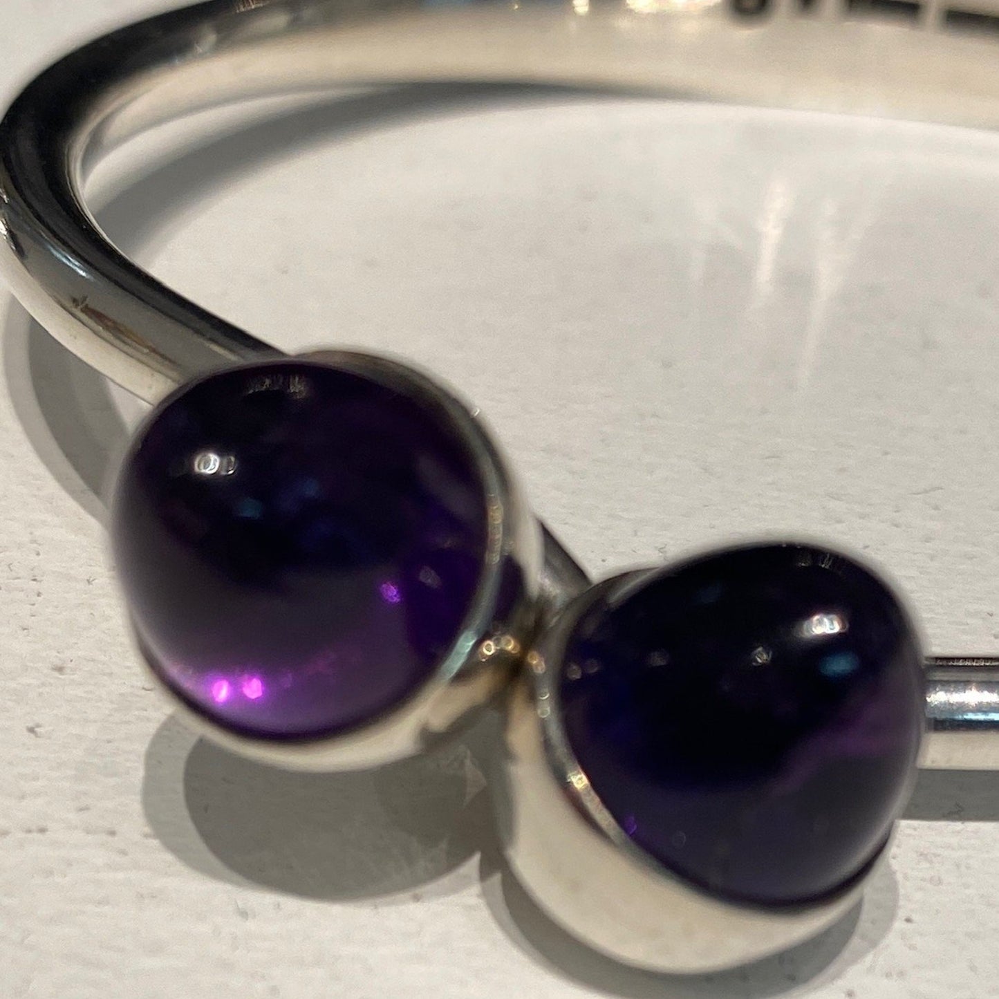 Estate Bent Knudsen Sterling Silver Bangle with Amethyst Bullet Cabuchon