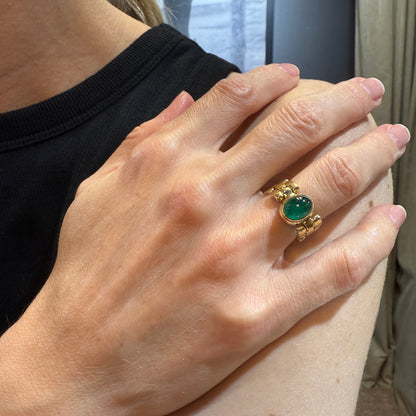 Estate African 18k Yellow Gold Chain Ring with Oval Emerald