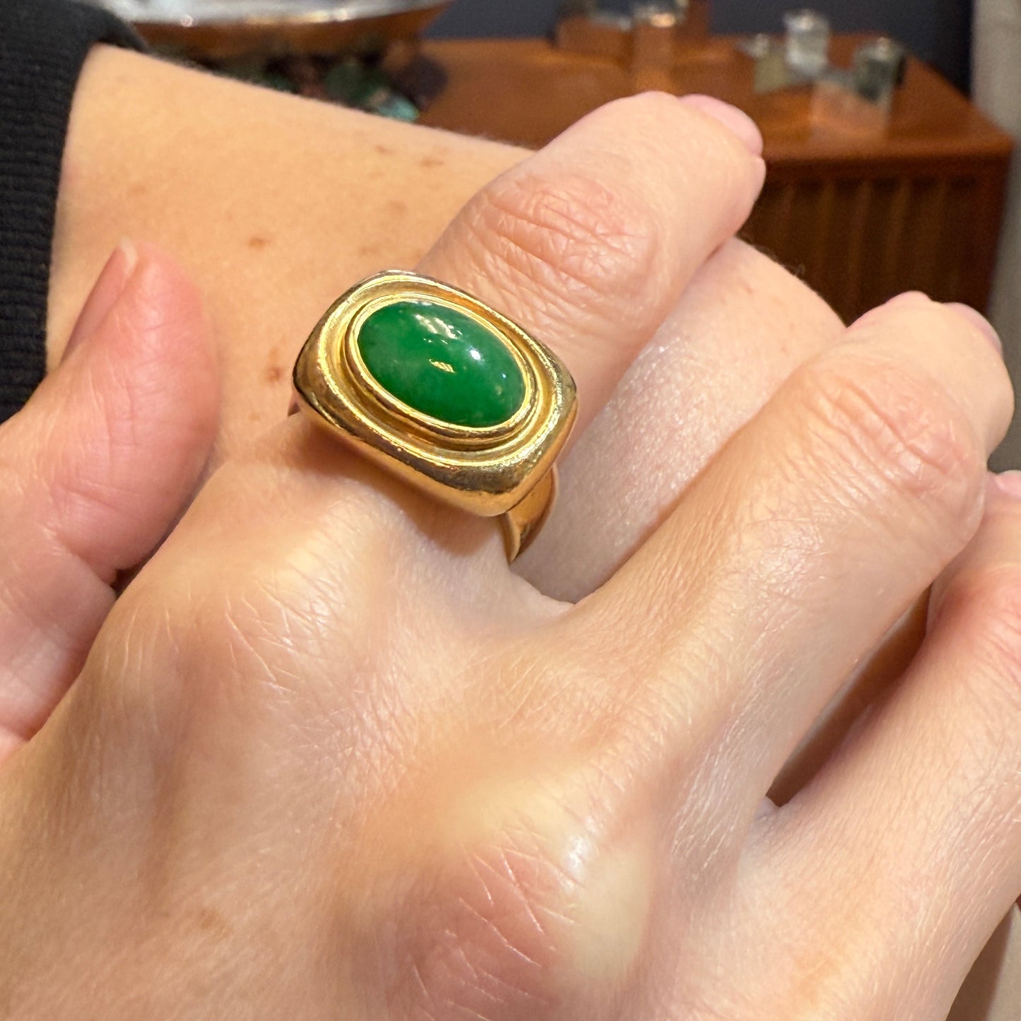 Estate Gump's 18k Yellow Gold Apple Green Jade Ring