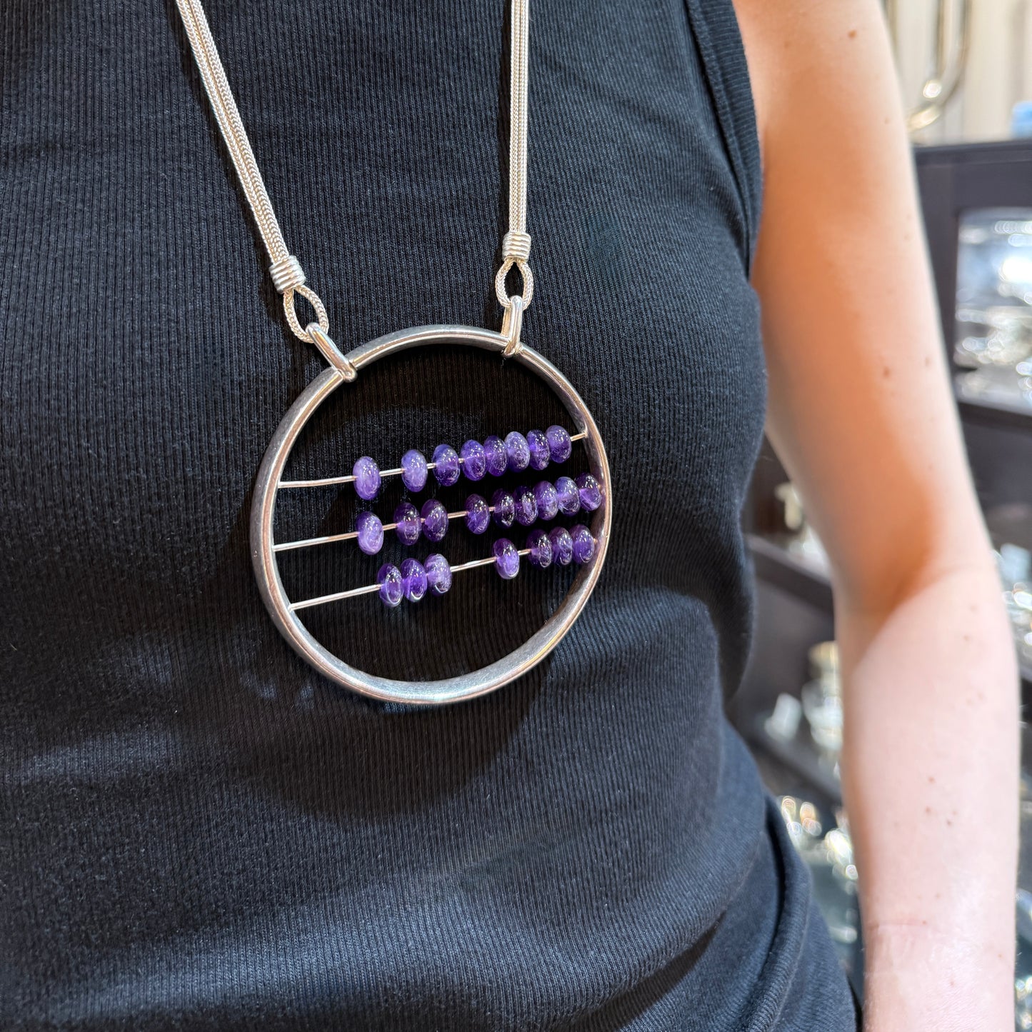 Estate Jean Paul Gaultier Sterling Silver and Amethyst Abacus Medallion Necklace
