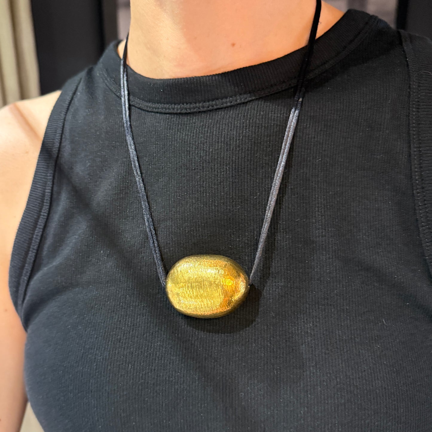 Estate John Iversen Pebble Pendant Sterling Silver Vermeil 24KT Gold on Black Silk Cord