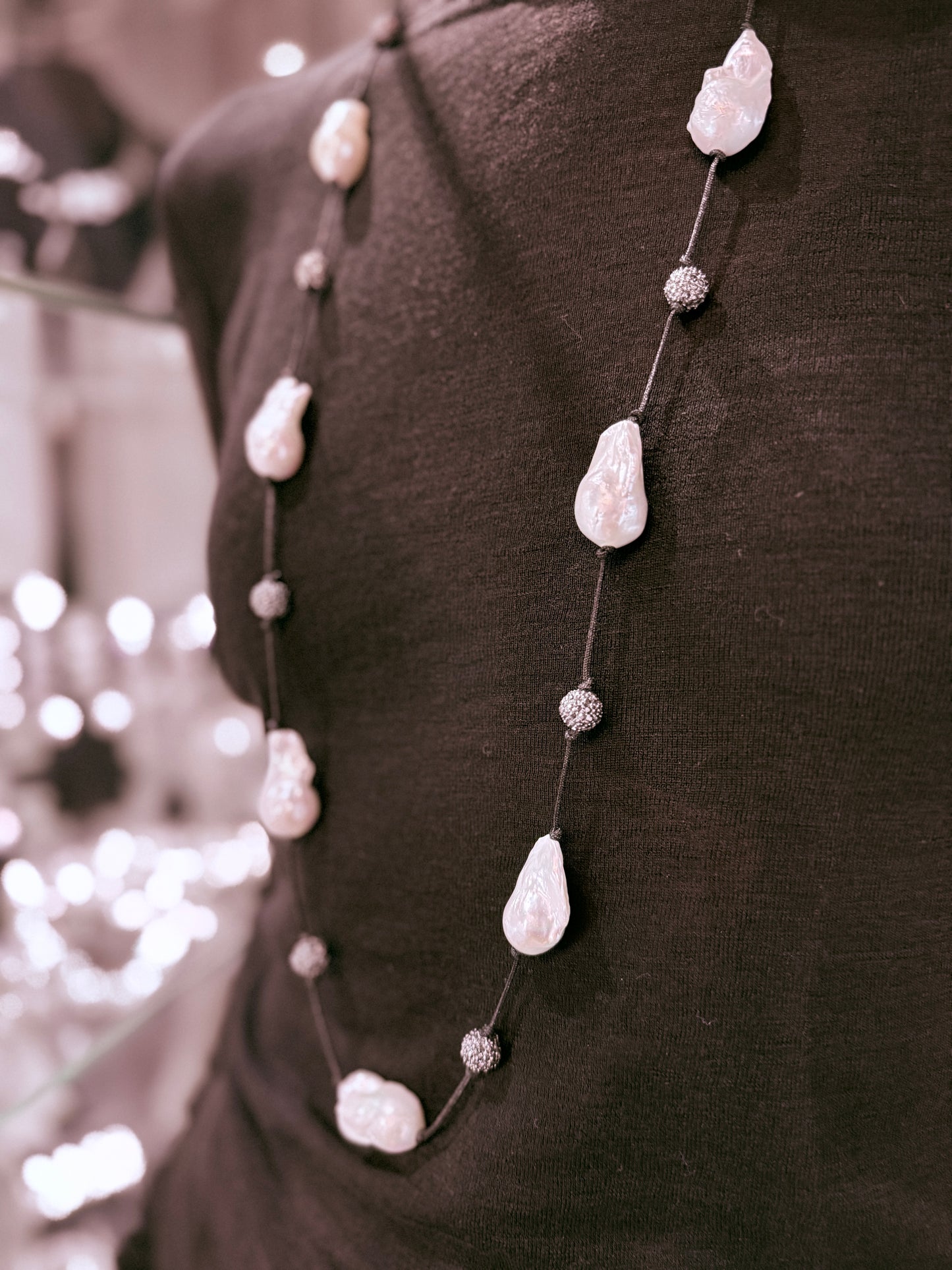 Estate Baroque Pearl Necklace on Black Silk Cord