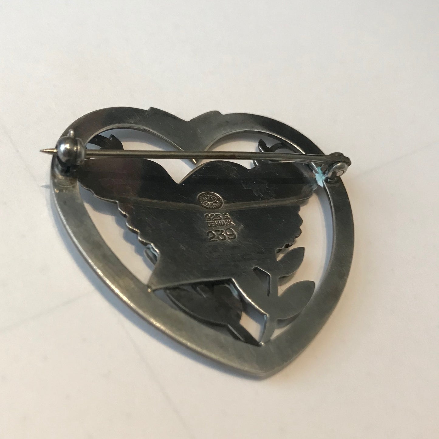 Estate Georg Jensen Sterling Silver Heart And Bird Brooch by Arno Malinowski No. 239