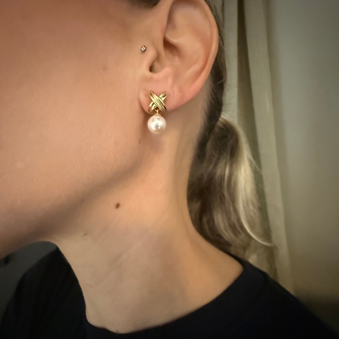Estate 14KT Gold and Cultured Pearl Drop Post Back Earrings