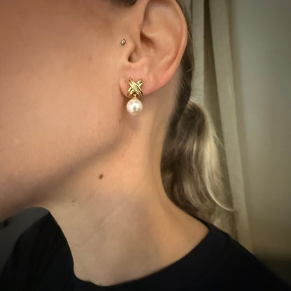 Estate 14KT Gold and Cultured Pearl Drop Post Back Earrings