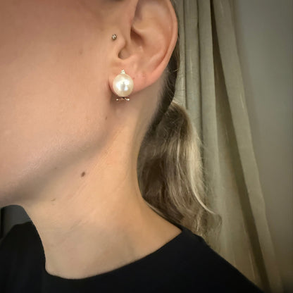Estate 18KT White Gold Post Omega Back and Pearl Earrings with Small Round Diamond