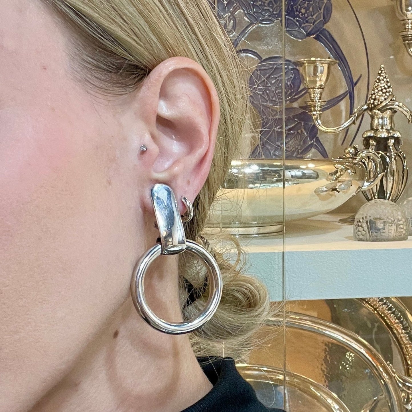 Estate Sterling Silver Puig Doria Circular Drop Post Earrings