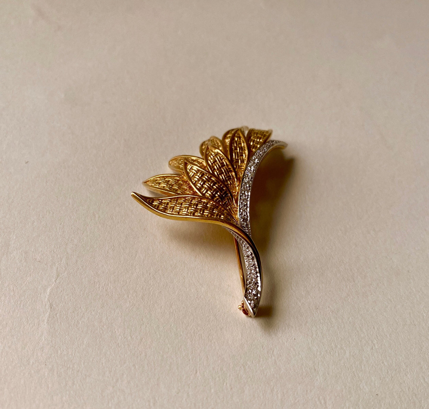 Gold Feather Brooch with Diamond