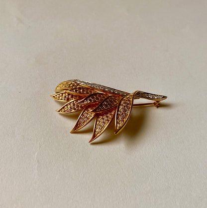 Gold Feather Brooch with Diamond