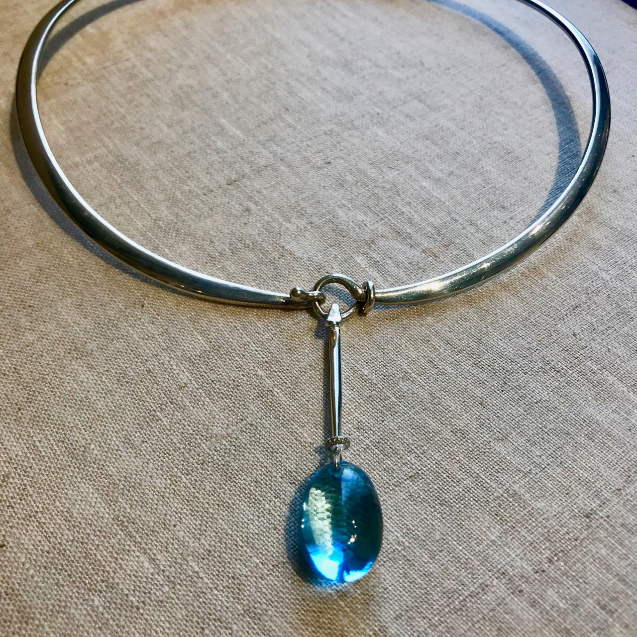 Georg Jensen Sterling Silver Neckring No. 410 and "Dewdrop" Pendant With Blue Topaz