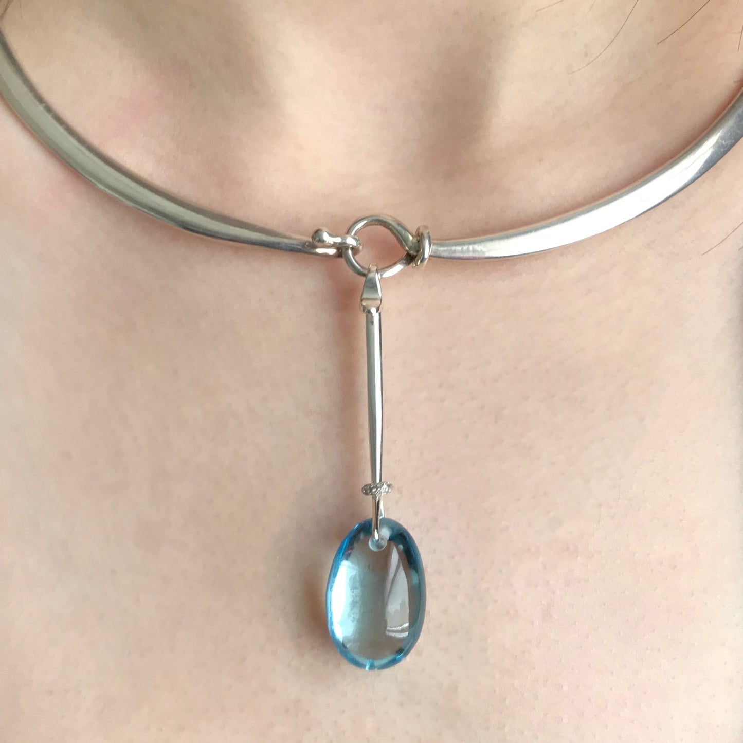 Georg Jensen Sterling Silver Neckring No. 410 and "Dewdrop" Pendant With Blue Topaz