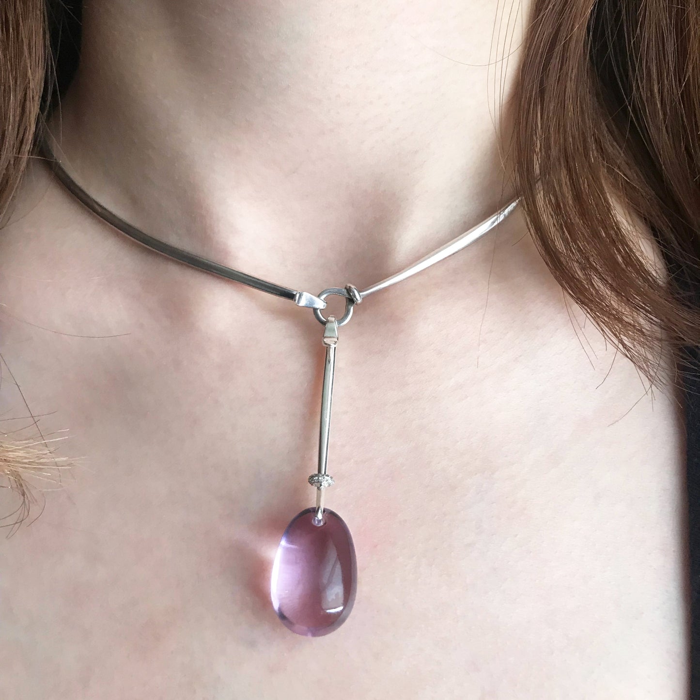 Georg Jensen Sterling Silver Neckring No. 174 and "Dewdrop" Pendant with Amethyst