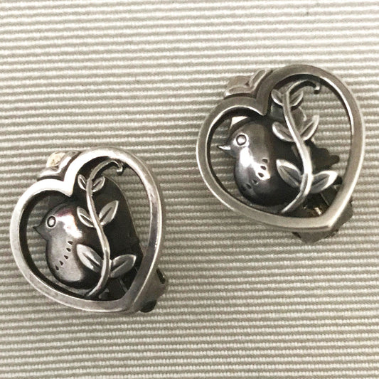 Georg Jensen Sterling Silver Heart and Bird Earring No. 103 by Arno Malinowski