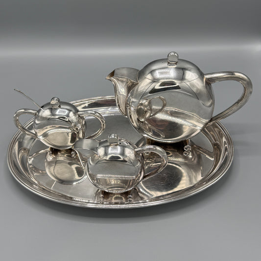 Estate Three-piece Silver Plated Tea Set with Oval Tray