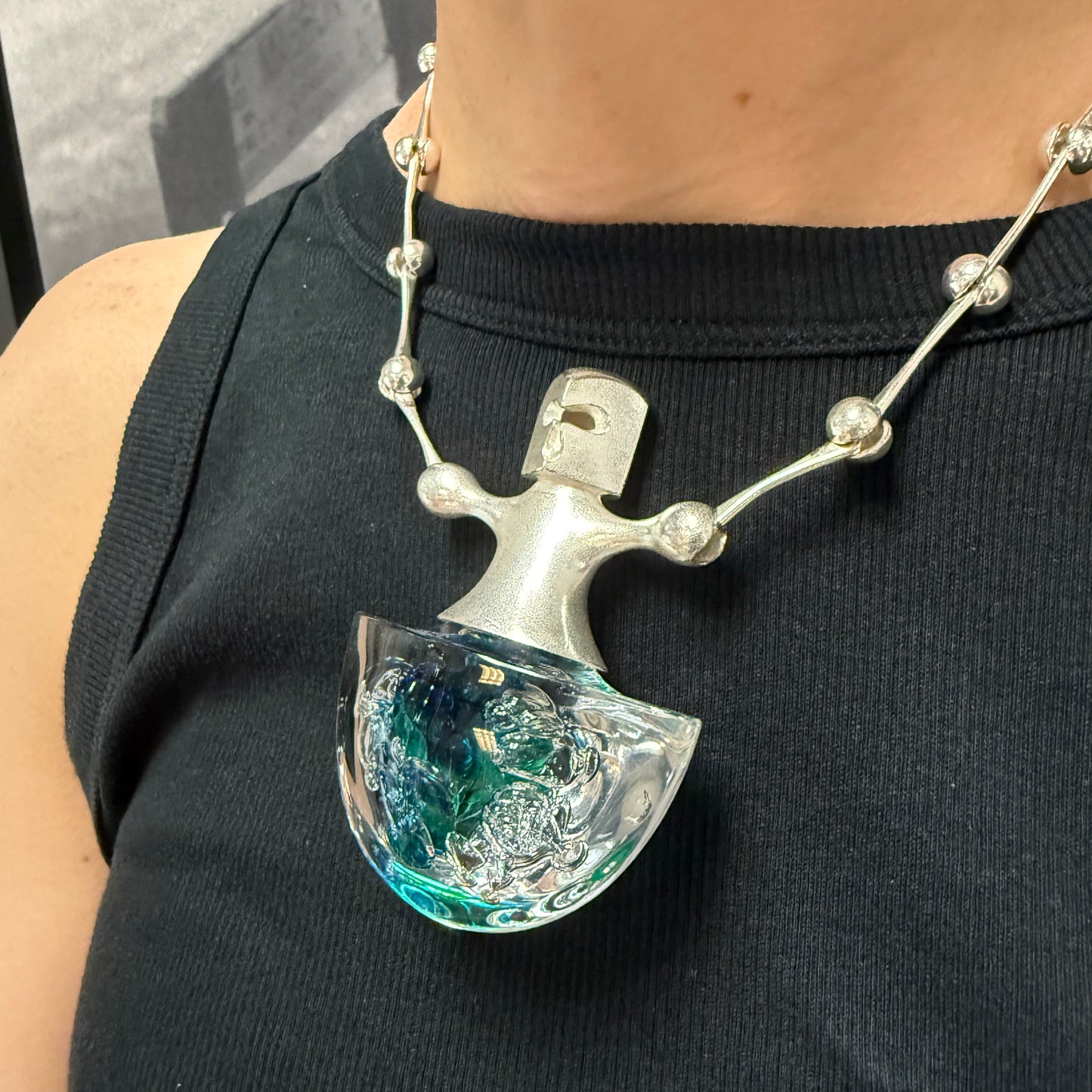 Estate Sterling Silver and Acrylic Lapponia "Zitas" Necklace with Ball Chain