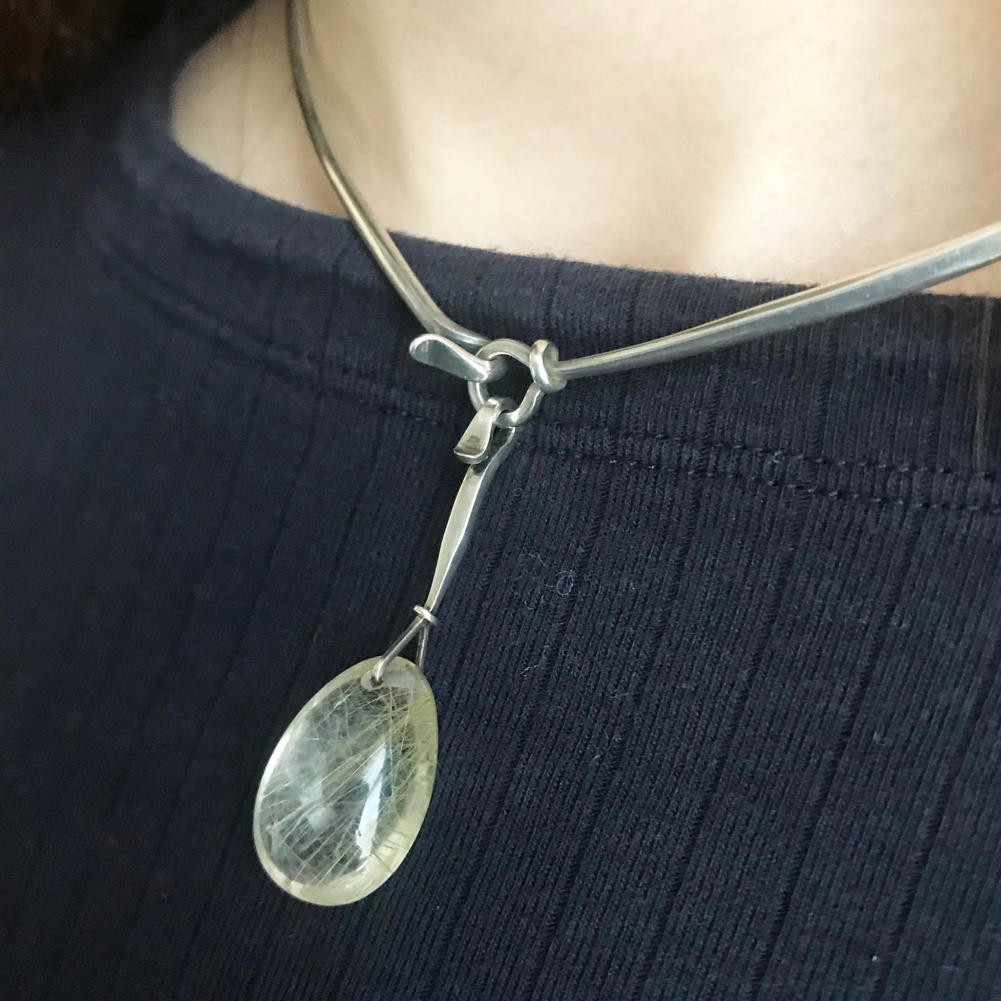 Georg Jensen Sterling Silver Neckring No. 174 and "Dewdrop" Pendant with Rutilated Quartz