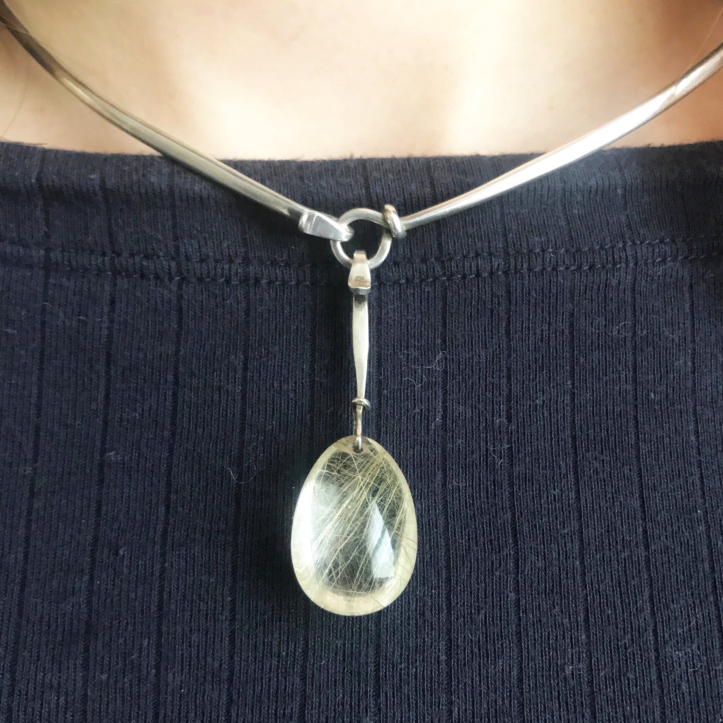 Georg Jensen Sterling Silver Neckring No. 174 and "Dewdrop" Pendant with Rutilated Quartz