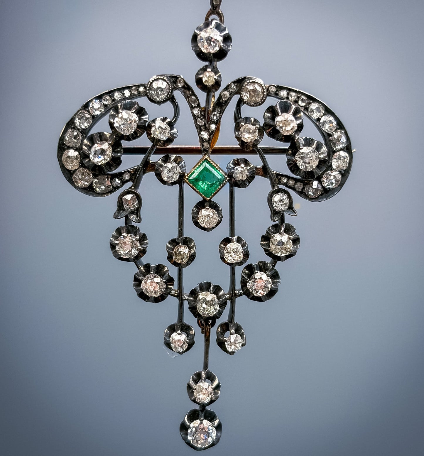 Antique Victorian 18k, Silver, Diamond & Emerald Pendant
