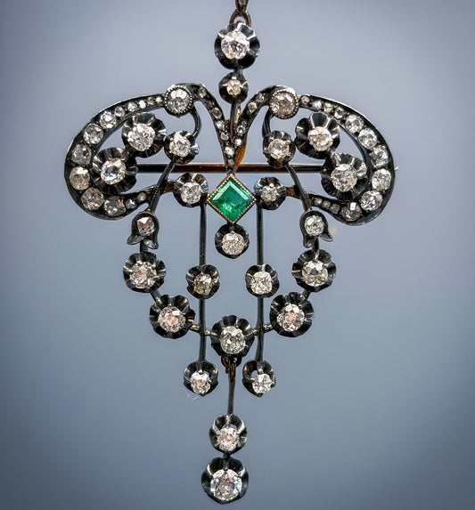 Antique Victorian 18k, Silver, Diamond & Emerald Pendant