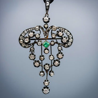 Antique Victorian 18k, Silver, Diamond & Emerald Pendant