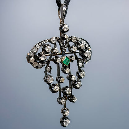 Antique Victorian 18k, Silver, Diamond & Emerald Pendant